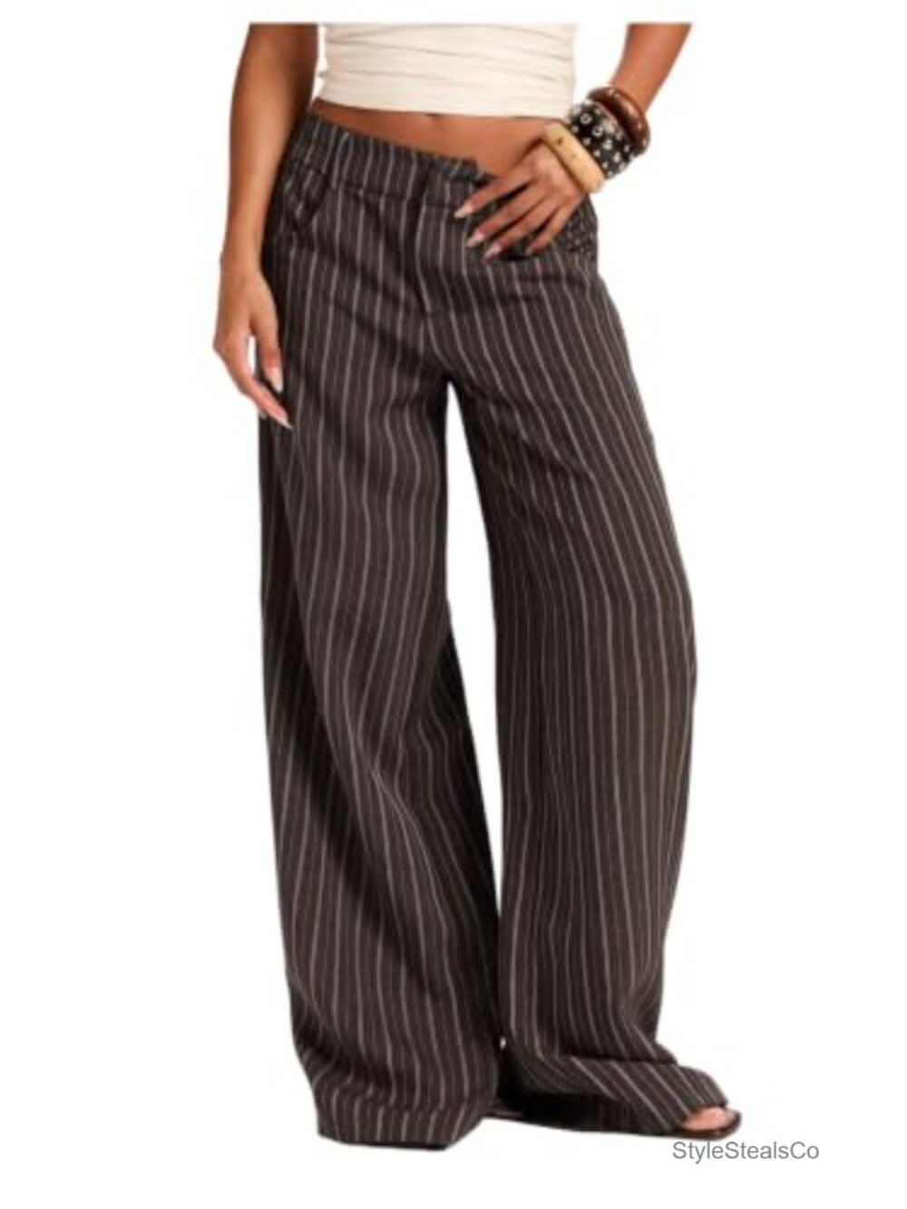Striped Wide Leg Business Casual Trousers Pull On Palazzo Pants